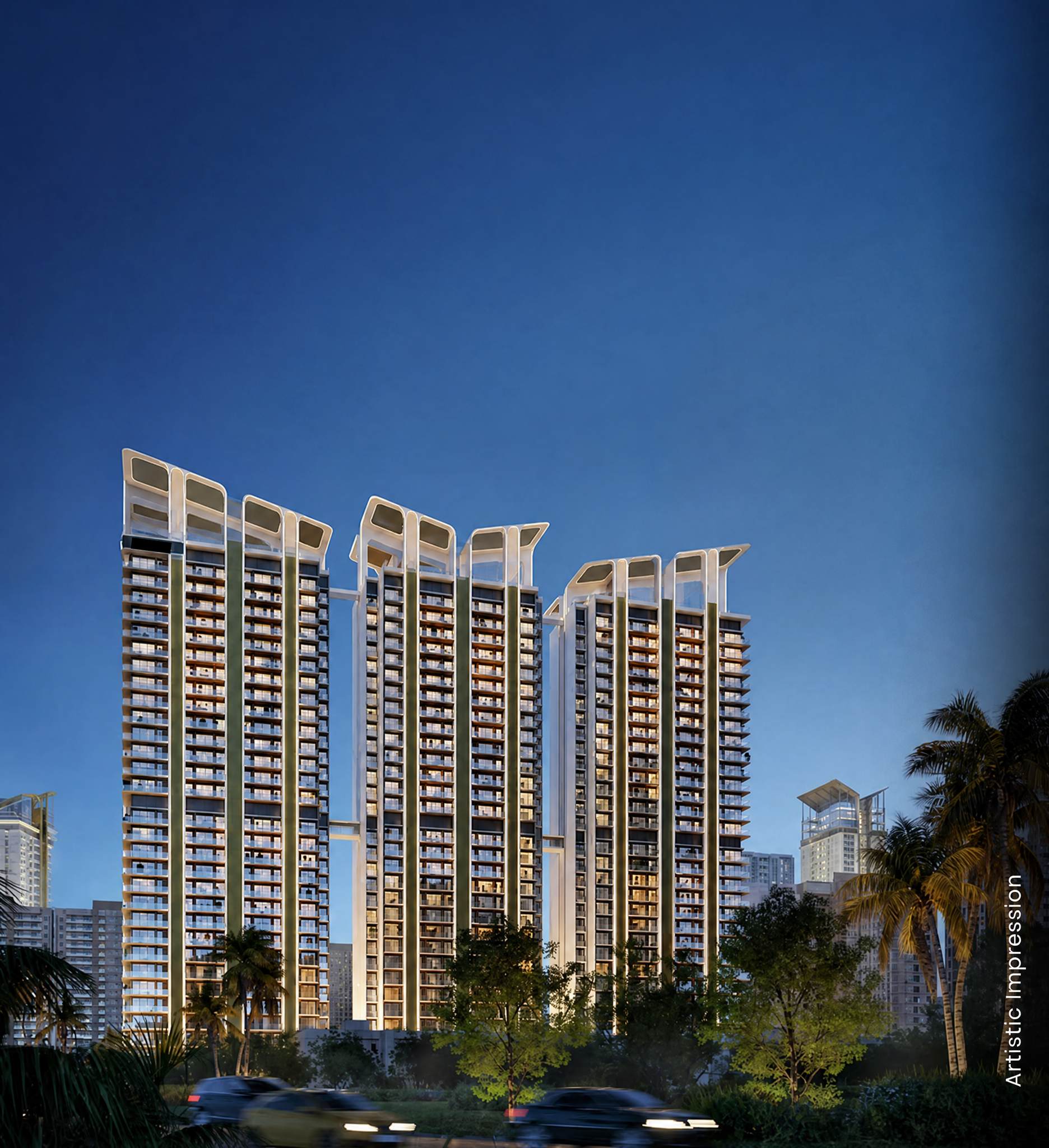 Wellness 67 landmark towers illuminated against the evening skyline
